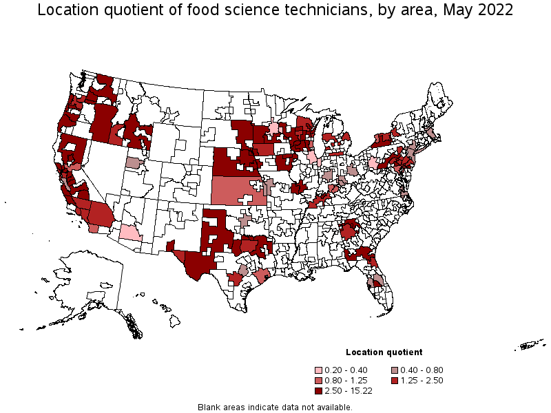 Map of location quotient of food science technicians by area, May 2022