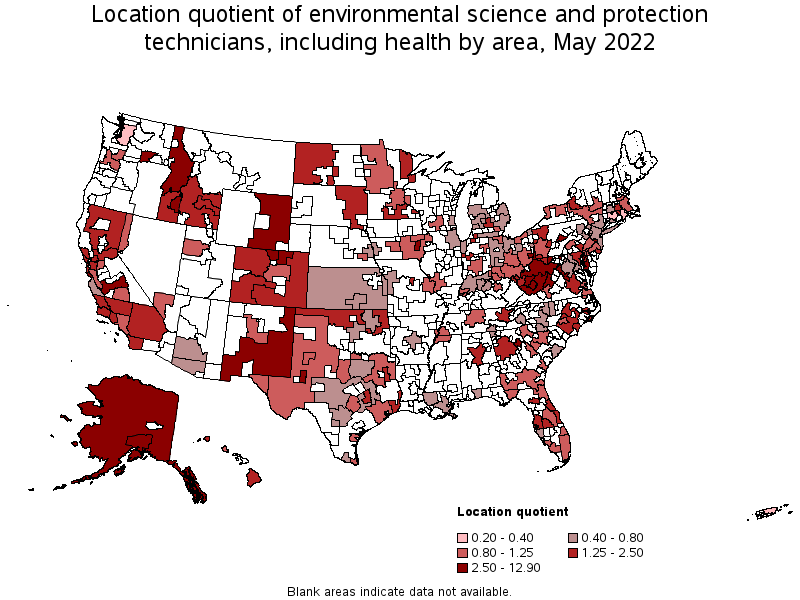 Map of location quotient of environmental science and protection technicians, including health by area, May 2022