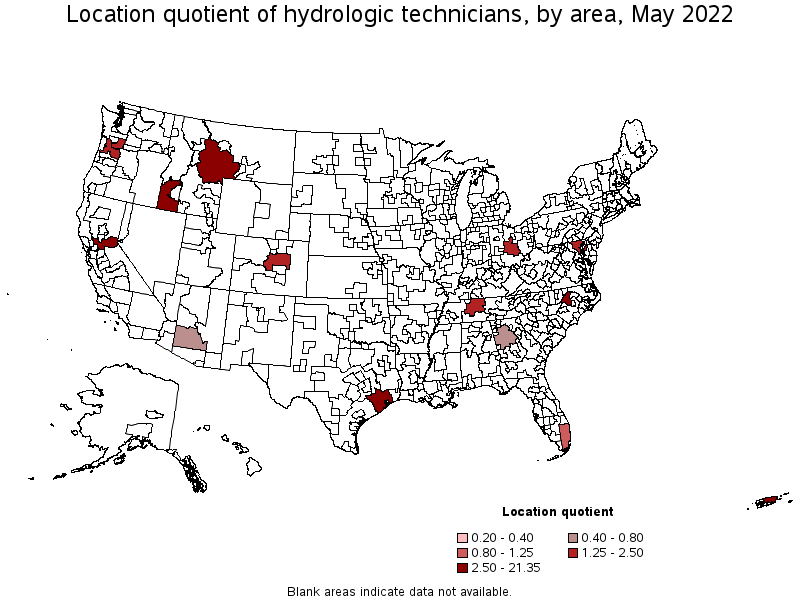 Map of location quotient of hydrologic technicians by area, May 2022