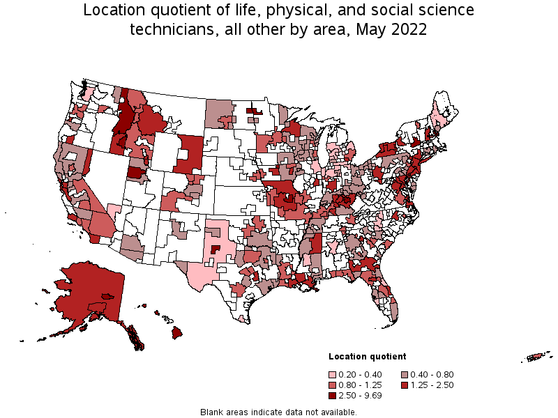 Map of location quotient of life, physical, and social science technicians, all other by area, May 2022