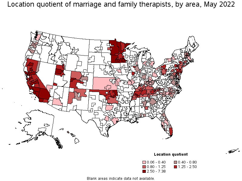 Map of location quotient of marriage and family therapists by area, May 2022