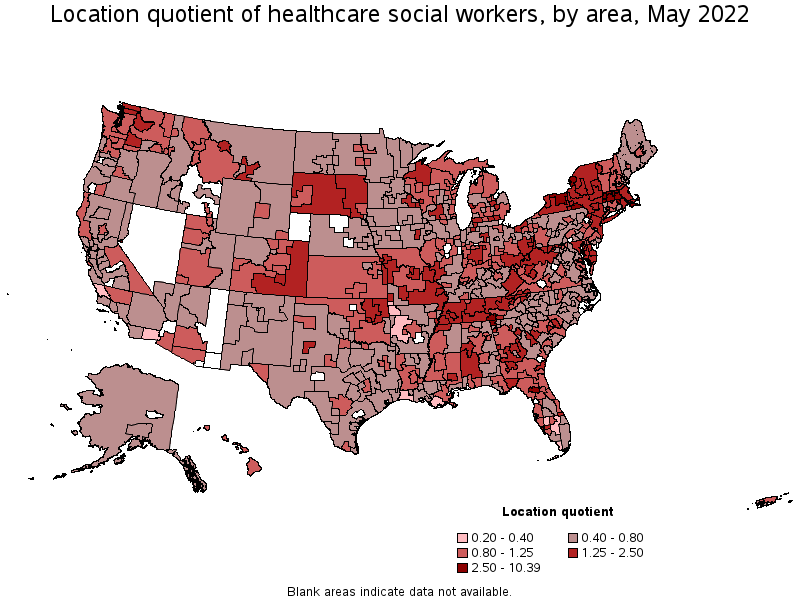 Map of location quotient of healthcare social workers by area, May 2022