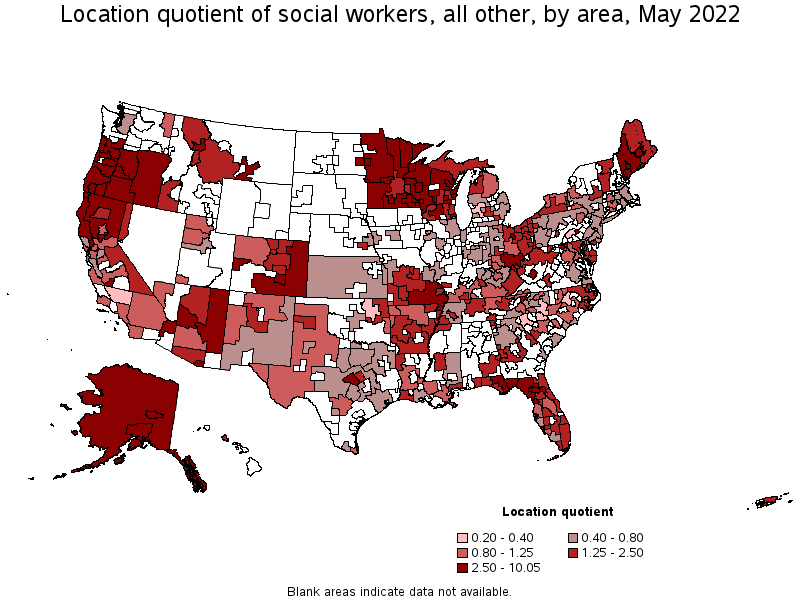 Map of location quotient of social workers, all other by area, May 2022