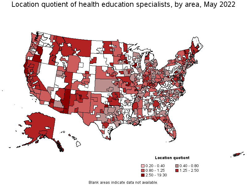 Map of location quotient of health education specialists by area, May 2022