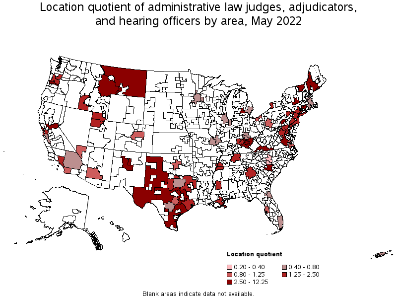 Map of location quotient of administrative law judges, adjudicators, and hearing officers by area, May 2022