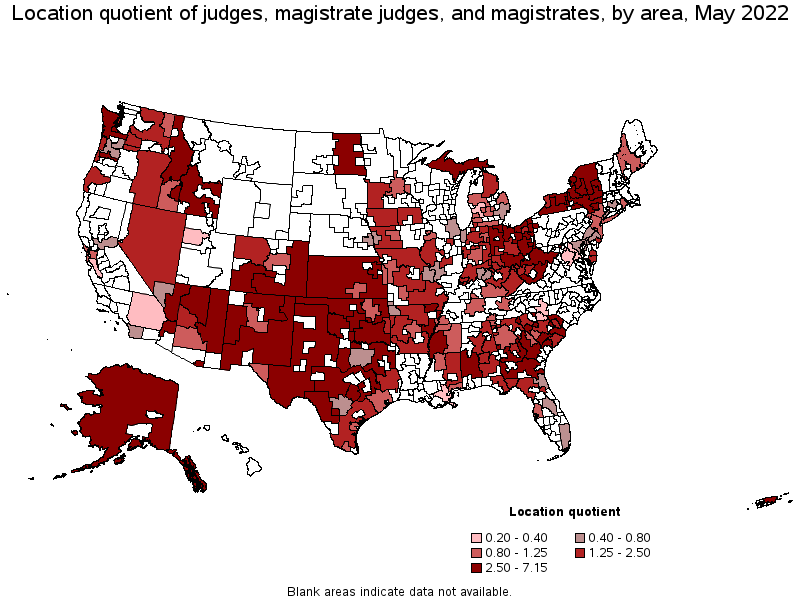 Map of location quotient of judges, magistrate judges, and magistrates by area, May 2022