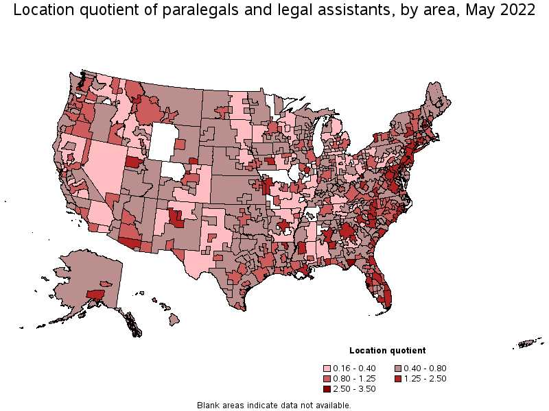 Map of location quotient of paralegals and legal assistants by area, May 2022