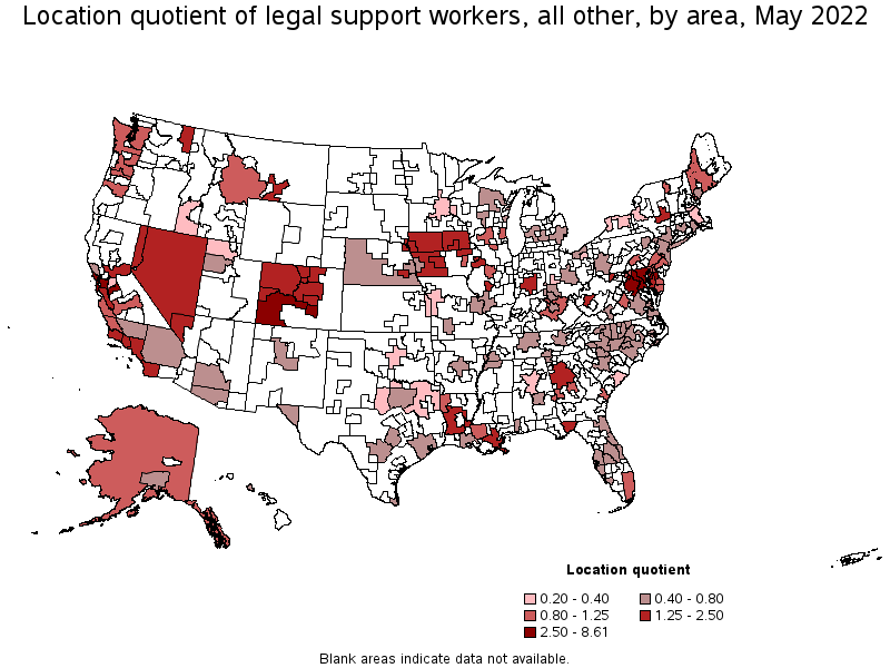 Map of location quotient of legal support workers, all other by area, May 2022