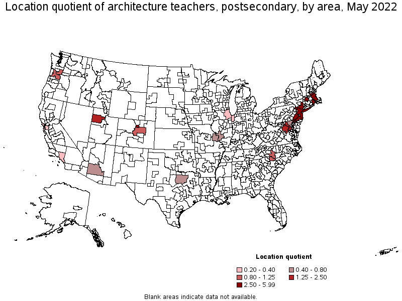 Map of location quotient of architecture teachers, postsecondary by area, May 2022