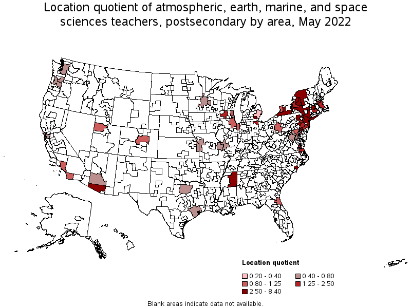 Map of location quotient of atmospheric, earth, marine, and space sciences teachers, postsecondary by area, May 2022