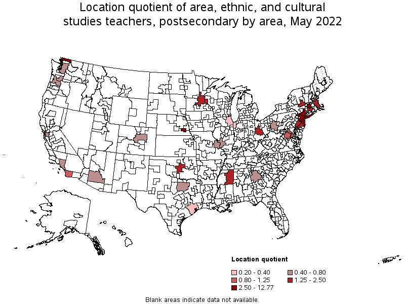 Map of location quotient of area, ethnic, and cultural studies teachers, postsecondary by area, May 2022