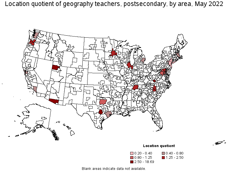 Map of location quotient of geography teachers, postsecondary by area, May 2022