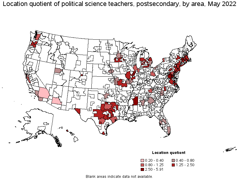 Map of location quotient of political science teachers, postsecondary by area, May 2022