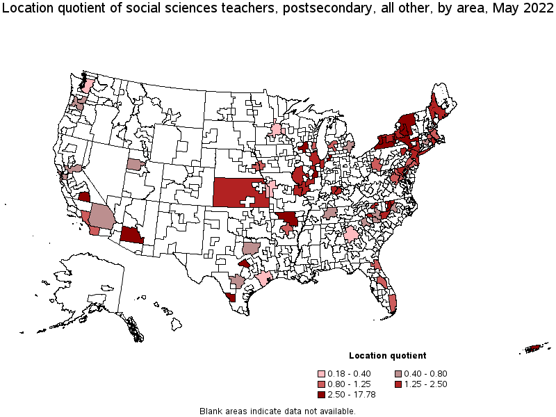 Map of location quotient of social sciences teachers, postsecondary, all other by area, May 2022