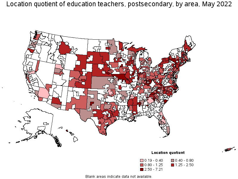 Map of location quotient of education teachers, postsecondary by area, May 2022