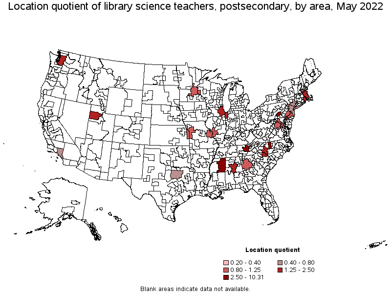 Map of location quotient of library science teachers, postsecondary by area, May 2022