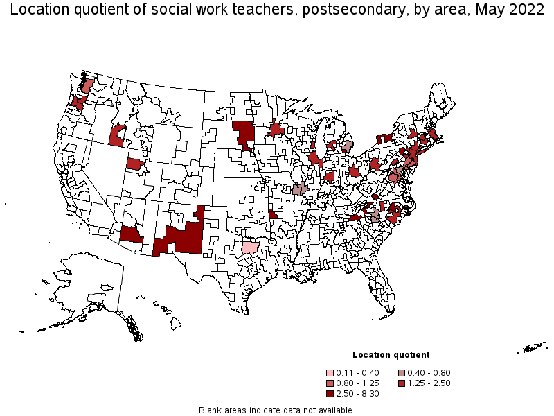 Map of location quotient of social work teachers, postsecondary by area, May 2022