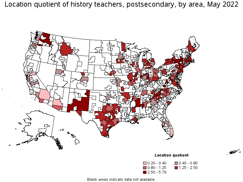 Map of location quotient of history teachers, postsecondary by area, May 2022
