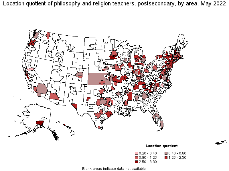 Map of location quotient of philosophy and religion teachers, postsecondary by area, May 2022