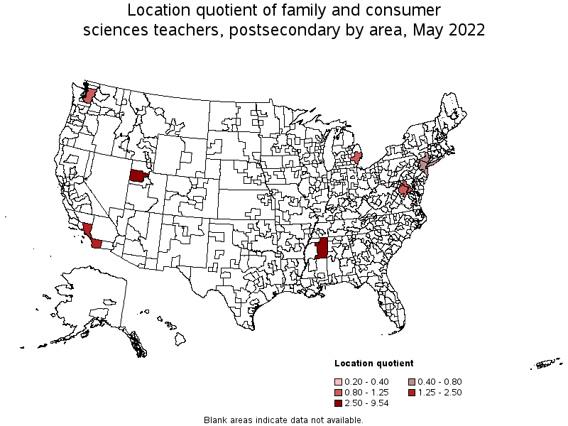 Map of location quotient of family and consumer sciences teachers, postsecondary by area, May 2022