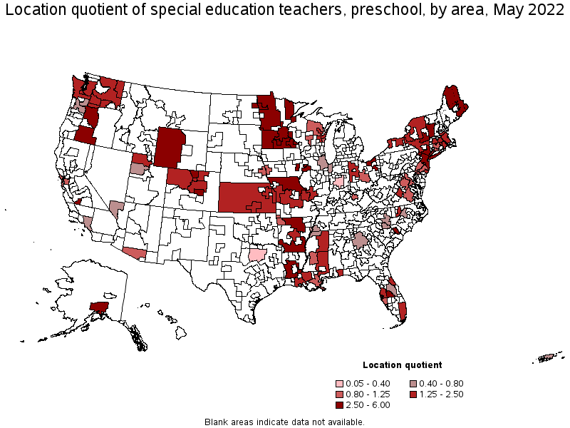 Map of location quotient of special education teachers, preschool by area, May 2022