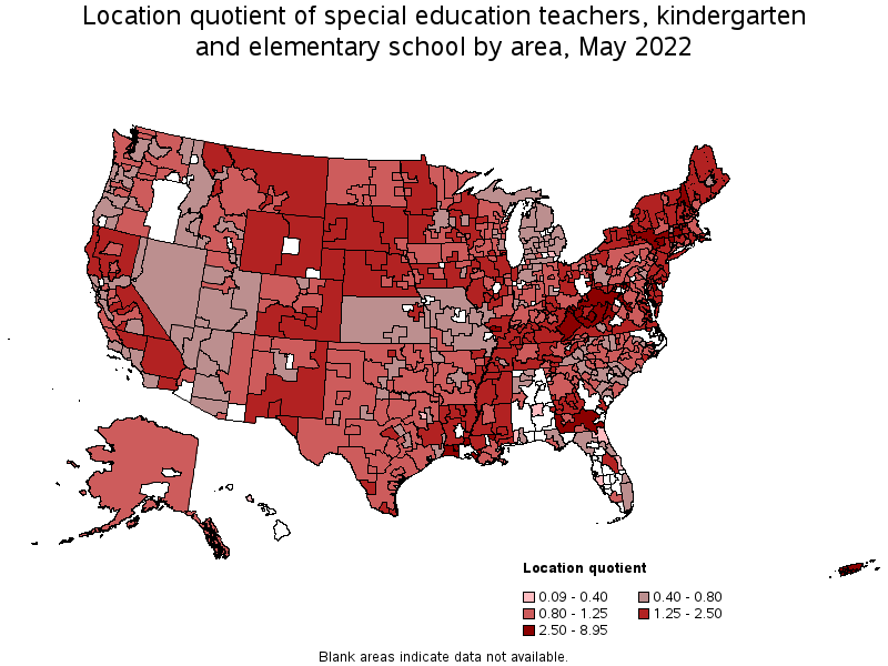 Map of location quotient of special education teachers, kindergarten and elementary school by area, May 2022