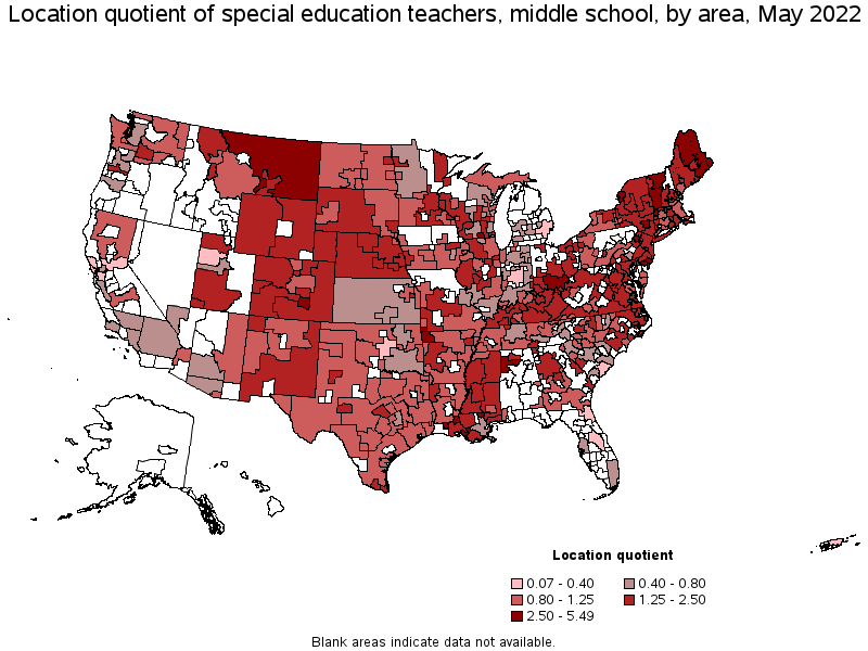 Map of location quotient of special education teachers, middle school by area, May 2022