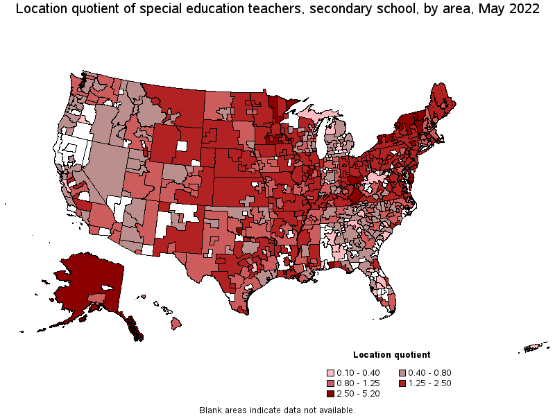 Map of location quotient of special education teachers, secondary school by area, May 2022