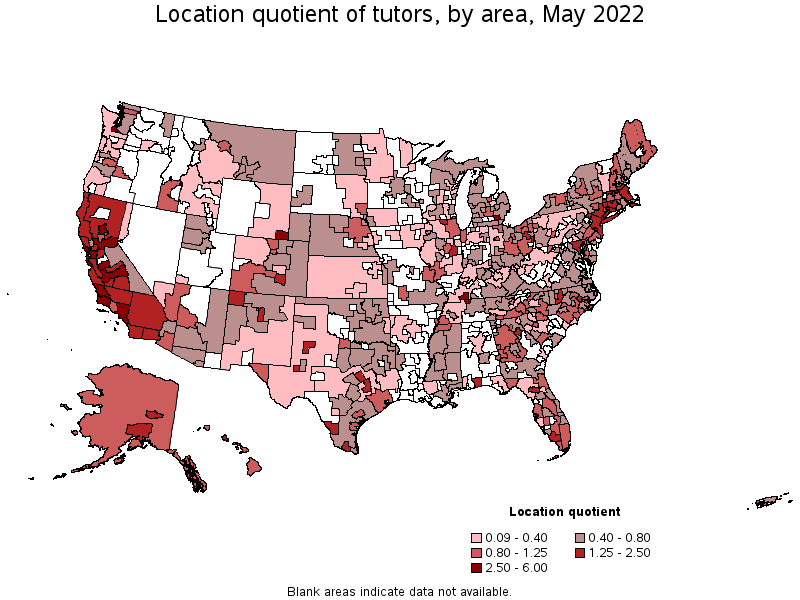 Map of location quotient of tutors by area, May 2022