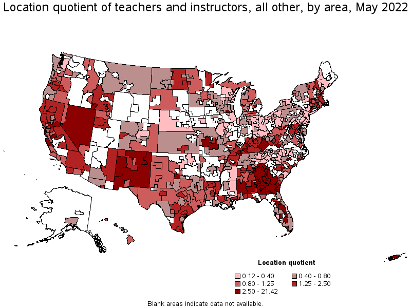 Map of location quotient of teachers and instructors, all other by area, May 2022