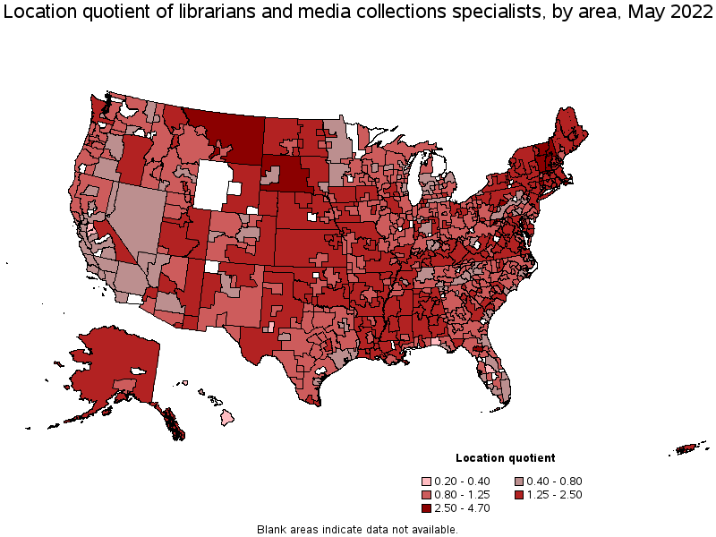 Map of location quotient of librarians and media collections specialists by area, May 2022