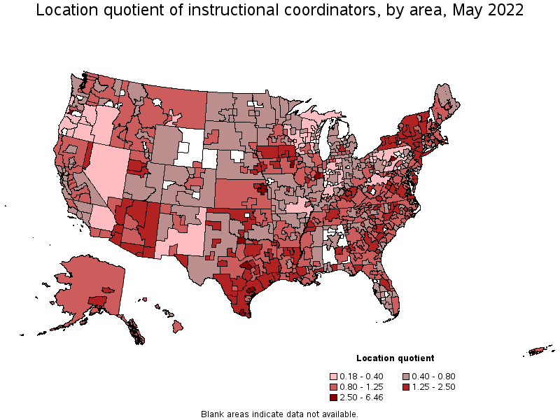 Map of location quotient of instructional coordinators by area, May 2022