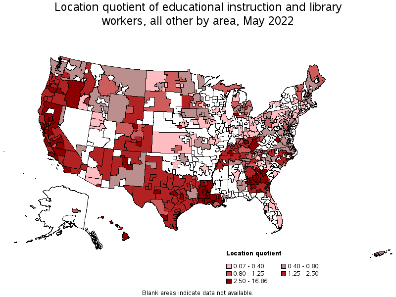 Map of location quotient of educational instruction and library workers, all other by area, May 2022