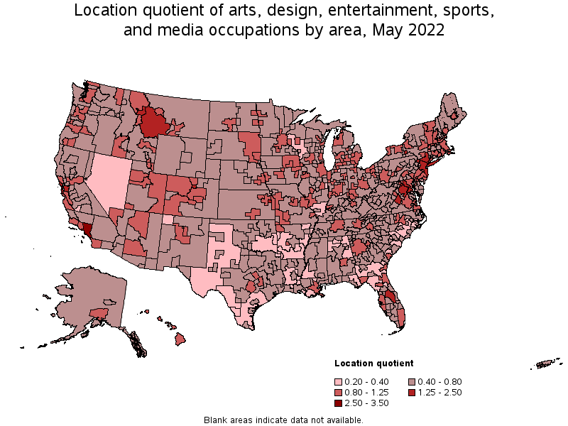 Map of location quotient of arts, design, entertainment, sports, and media occupations by area, May 2022