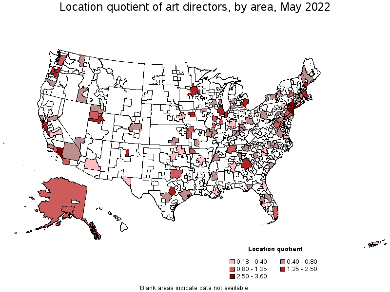 Map of location quotient of art directors by area, May 2022