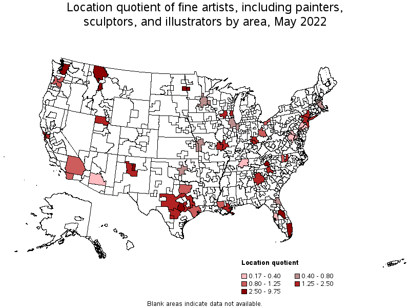 Map of location quotient of fine artists, including painters, sculptors, and illustrators by area, May 2022