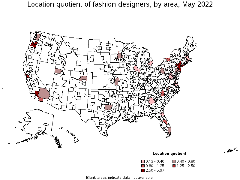 Map of location quotient of fashion designers by area, May 2022