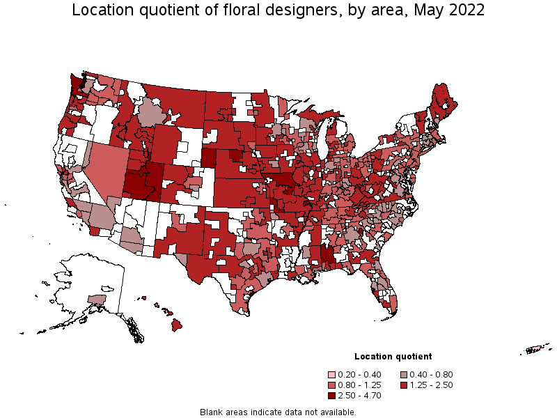 Map of location quotient of floral designers by area, May 2022