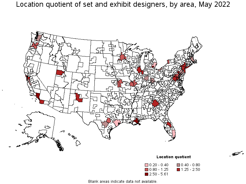 Map of location quotient of set and exhibit designers by area, May 2022