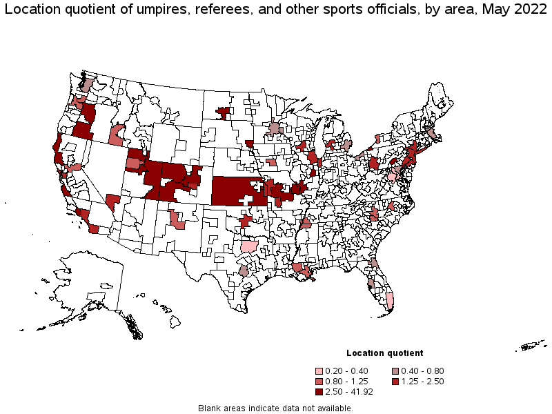 Map of location quotient of umpires, referees, and other sports officials by area, May 2022