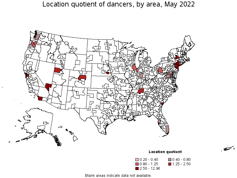 Map of location quotient of dancers by area, May 2022