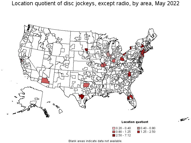 Map of location quotient of disc jockeys, except radio by area, May 2022