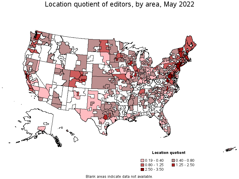 Map of location quotient of editors by area, May 2022