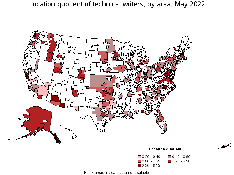 Map of location quotient of technical writers by area, May 2022