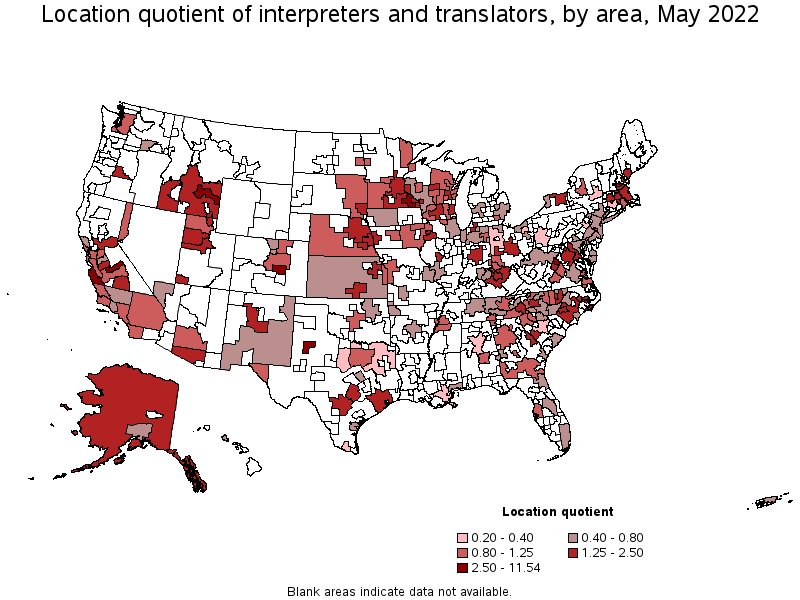 Map of location quotient of interpreters and translators by area, May 2022