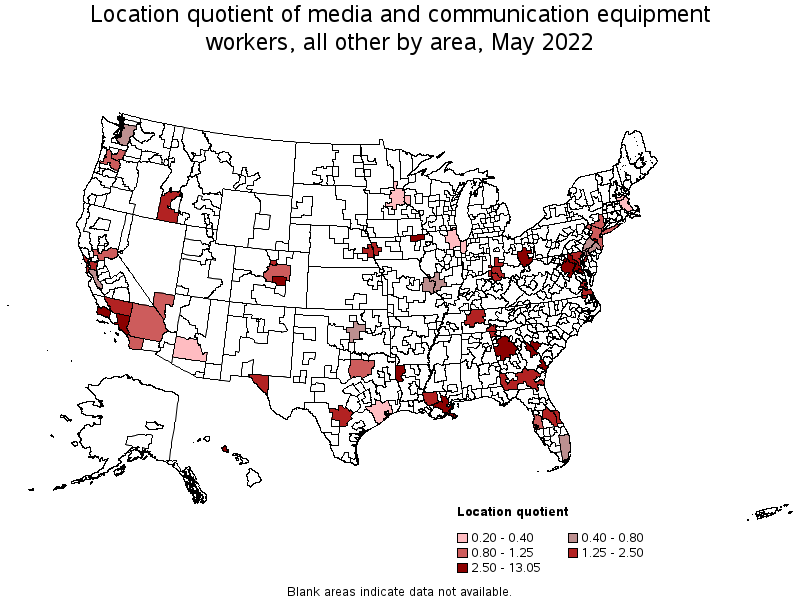 Map of location quotient of media and communication equipment workers, all other by area, May 2022