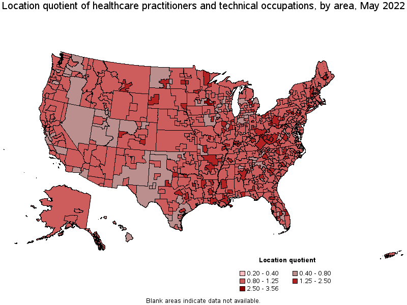 Map of location quotient of healthcare practitioners and technical occupations by area, May 2022