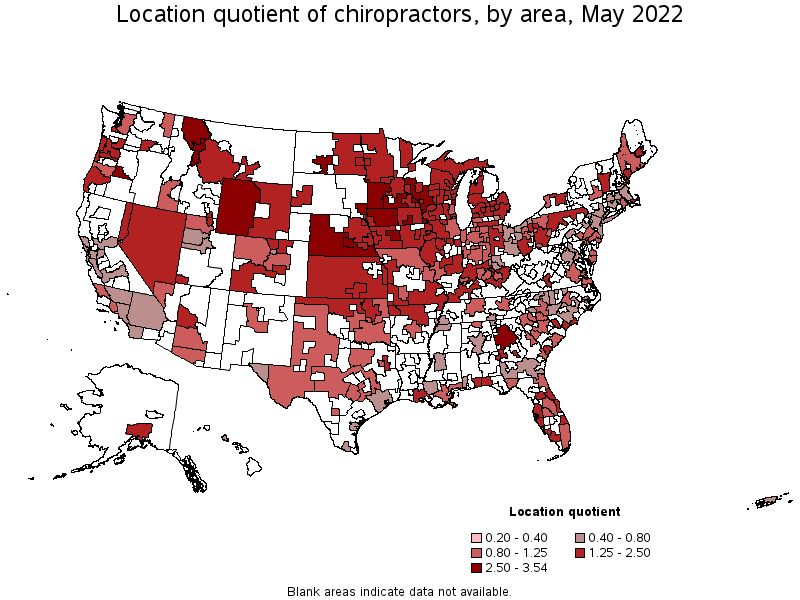 Map of location quotient of chiropractors by area, May 2022