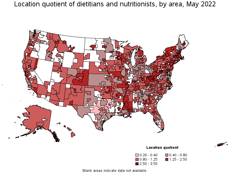 Map of location quotient of dietitians and nutritionists by area, May 2022