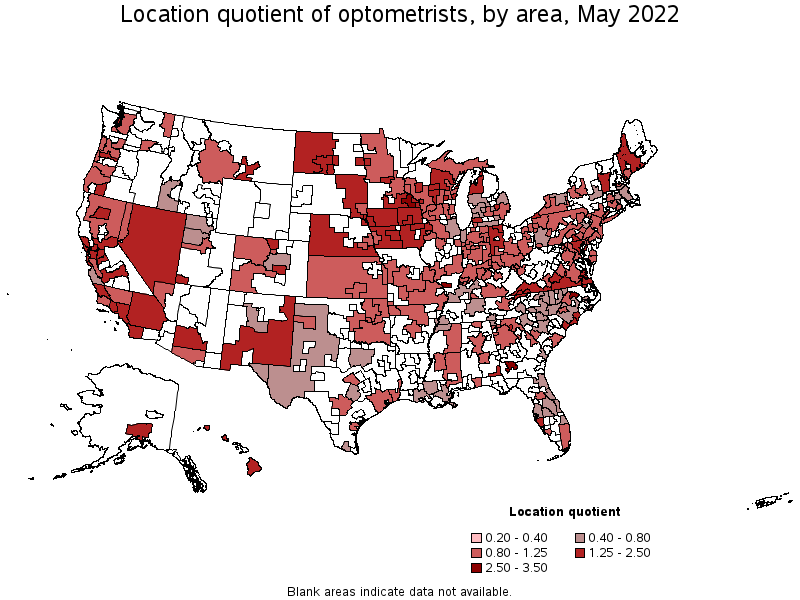 Map of location quotient of optometrists by area, May 2022